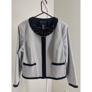 ETCETERA Black White Beaded Pearl Neck Check Cropped Jacket Blazer Size 16